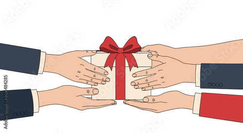 Several hands in business suits reaching out to give and receive a wrapped gift box tied with a bright red ribbon.