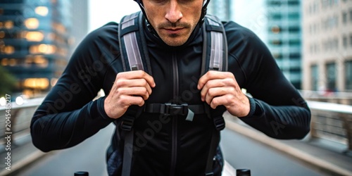 Daily bike commute concept. Man adjusting backpack straps while walking outdoors in an urban setting during twilight.