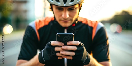 Daily bike commute concept. A cyclist wearing a helmet and gloves looks at his phone while holding his bike outdoors at sunset.