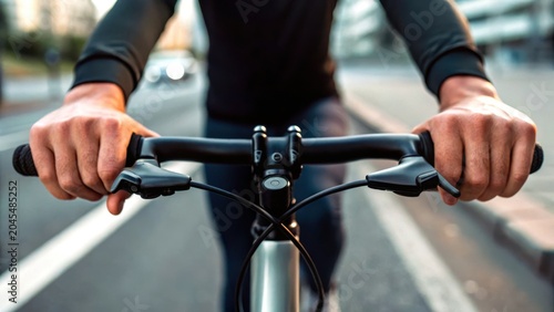 Daily bike commute concept. Close-up of a person gripping bicycle handlebars while riding on a city street.