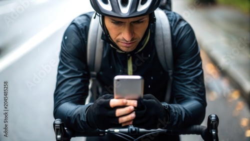 Daily bike commute concept. Man wearing a helmet and gloves uses a smartphone while riding a bicycle on a wet street.