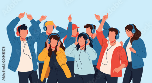 Group of diverse young people joyfully dancing and listening to music through headphones against a light blue background.