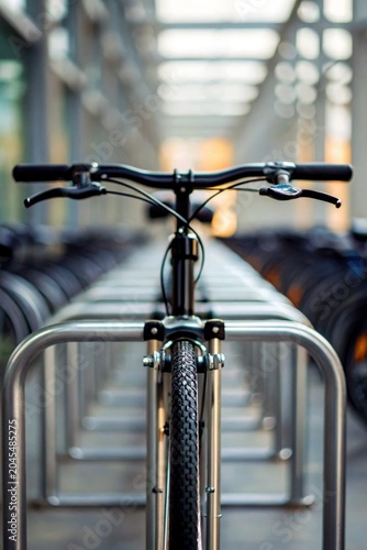 Daily bike commute concept. A bicycle parked in a bike rack inside a well-lit indoor space with a blurred background.