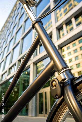Daily bike commute concept. Close-up of a shiny black bicycle frame with an urban glass building reflected in the background.