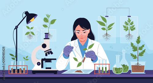 Professional female scientist wearing a lab coat and safety goggles examining plant samples with a microscope and test tubes in a laboratory.