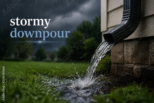 Rainwater pours from a downspout onto a grassy lawn during a storm.