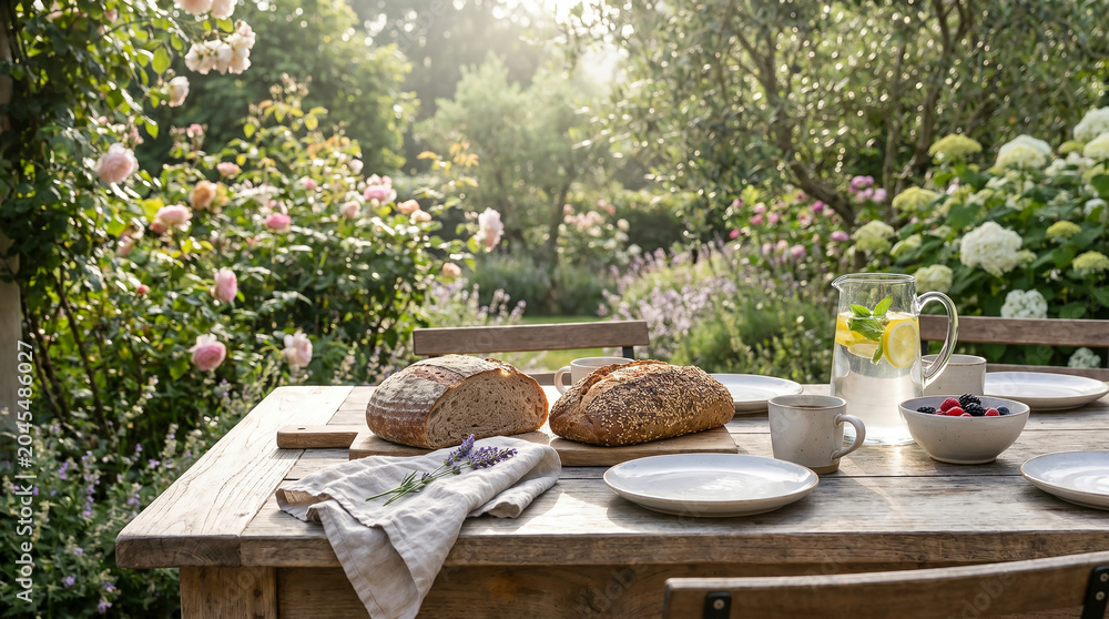 Fototapeta premium Elegant Outdoor Breakfast Table Top View