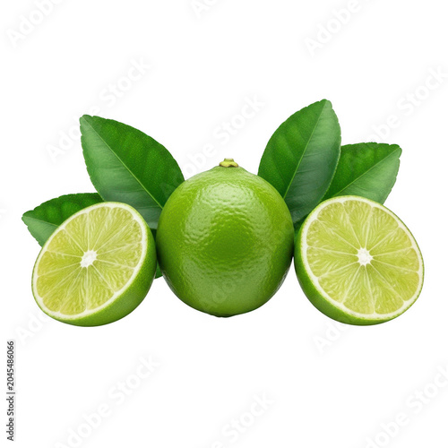 whole and sliced fresh green limes isolated on transparent background