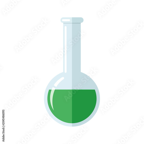 Round bottom flask with green liquid, science experiment illustration