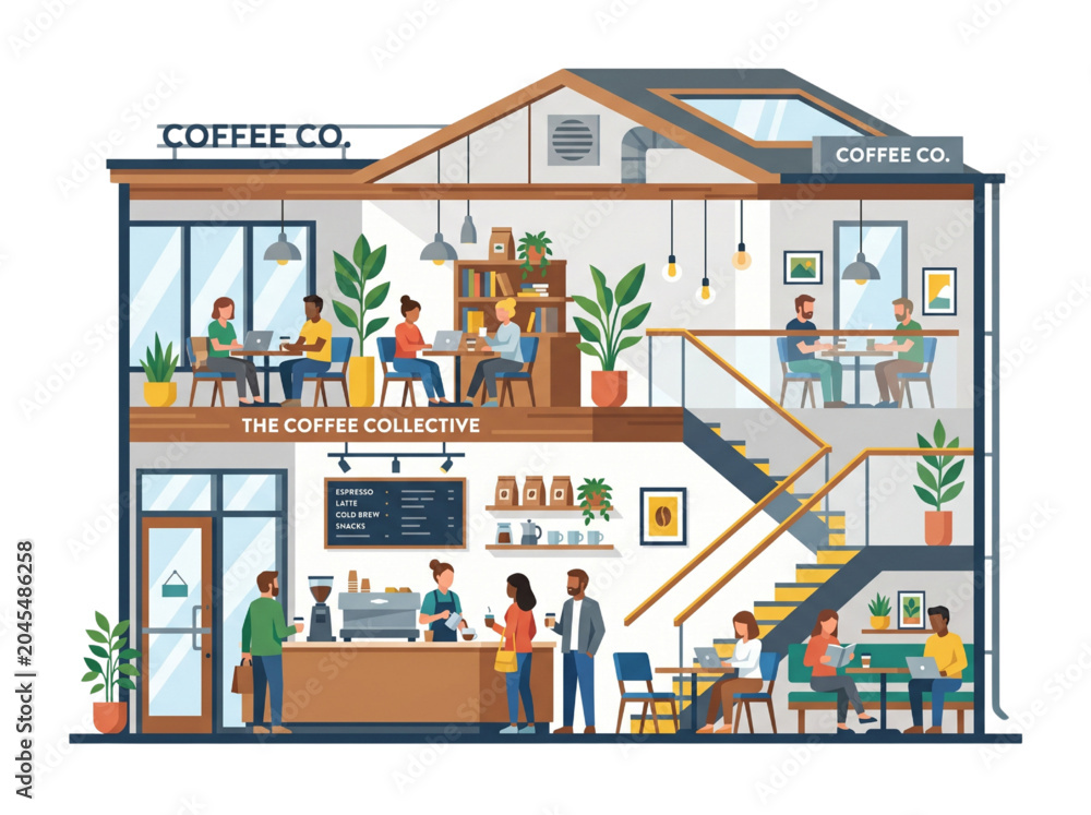 Obraz premium Flat Vector Coffee Shop Cutaway Illustration with Clean Geometric Interior Design