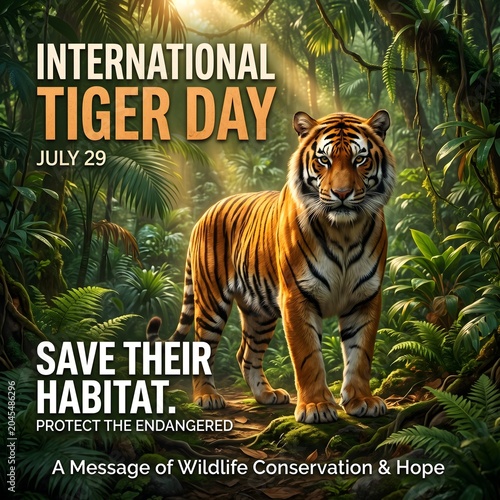 International Tiger Day Wildlife Conservation Concept Featuring Majestic Bengal Tiger in Tropical Rainforest