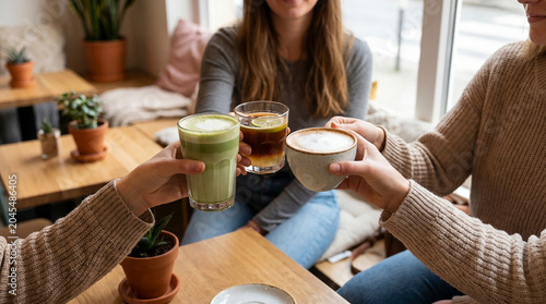 Women Toasting Specialty Coffee Drinks at Cafe Table