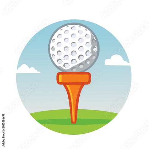 Golf ball on tee on green grass with sky and clouds