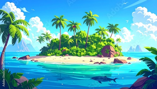 Tropical island paradise with palm trees, sandy beach, & clear turquoise waters under a bright sunny sky