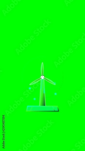 3D Eco Windmill Turbine Animation with Dynamic Solar Panel Grid and Glowing Energy Wave Particles on Vertical Chroma Key Green Screen 4k