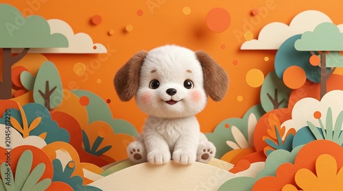 Cute fluffy puppy sitting in a whimsical paper craft autumn landscape