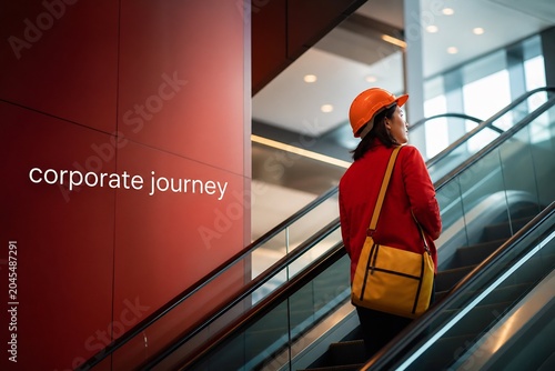 A woman in a red jacket and yellow bag walks down an escalator in a modern office building.
