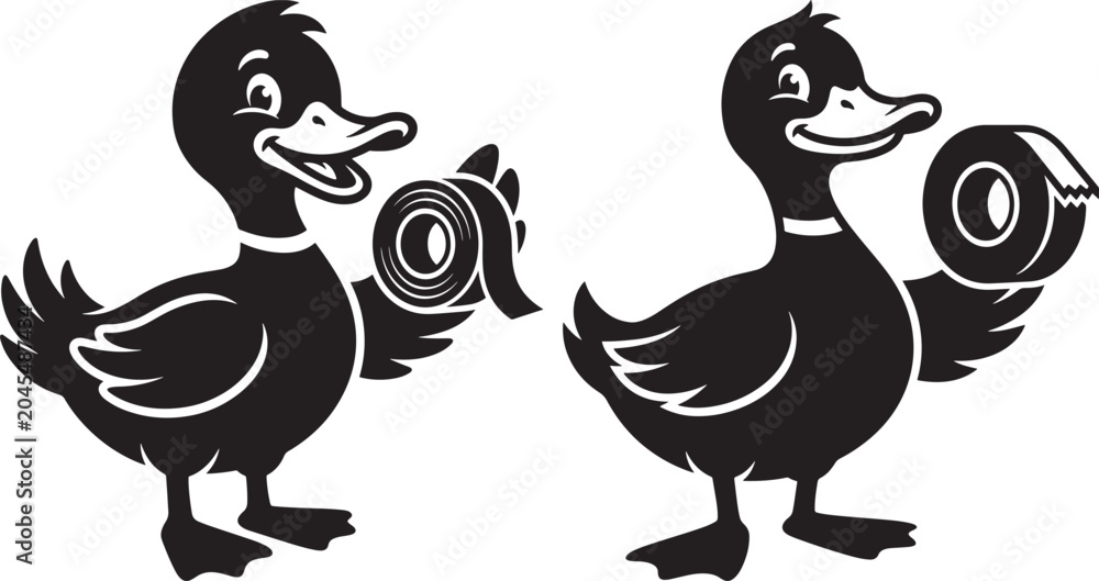 Obraz premium Two duck silhouettes holding tape rolls on white background with adhesive tape silhouette illustration adhesive isolated