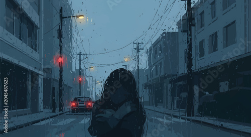 Tableau sur toile Melancholic Silhouette of a Lonely Girl on Rainy City Street at Night, Lo-fi Ani