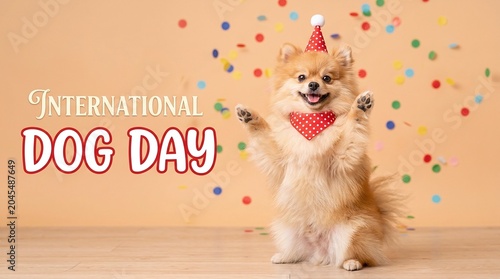 Happy pomeranian dog wearing a party hat and bandana celebrating international dog day