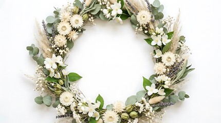 Elegant Floral Wreath with White Flowers and Eucalyptus with Copy Space
