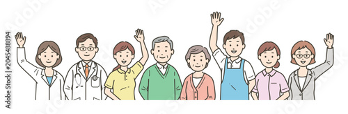 高齢者夫婦と社会福祉を支える医師と看護師と介護士とケアマネージャーと栄養士が集合した上半身イラスト
