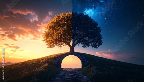 Tree bisected in sunlight/starlight, on a grassy hill, connected by stone bridge, split between day and night skies