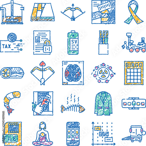 Foto Set of various hand drawn style icons illustrating a wide range of subjects incl