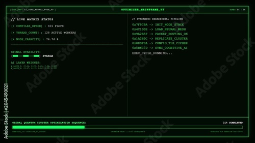 Sci fi optimizer mainframe UI screen showing green AI core neural node status and streaming hexadecimal pipeline data.