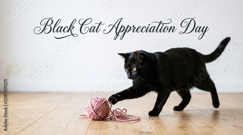 Black cat playing with a pink ball of yarn on a wooden floor