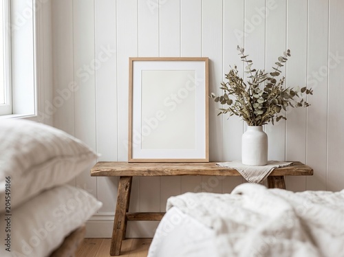 Rustic Wooden Bench Poster Frame Mockup with Eucalyptus Vase in White Shiplap Bedroom