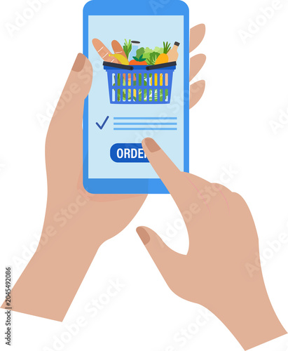  Online shopping and grocery delivery service, Shopping basket with grocery foods in supermarket vector illustration
