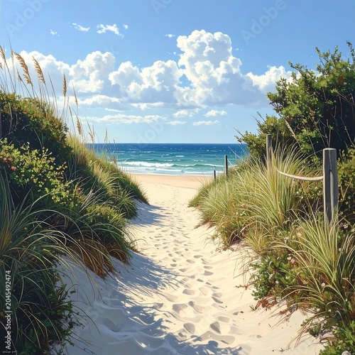 A sunlit sandy path leads towards a vast ocean, framed by lush green plants and fluffy white clouds above. The scene evokes peace and tranquility