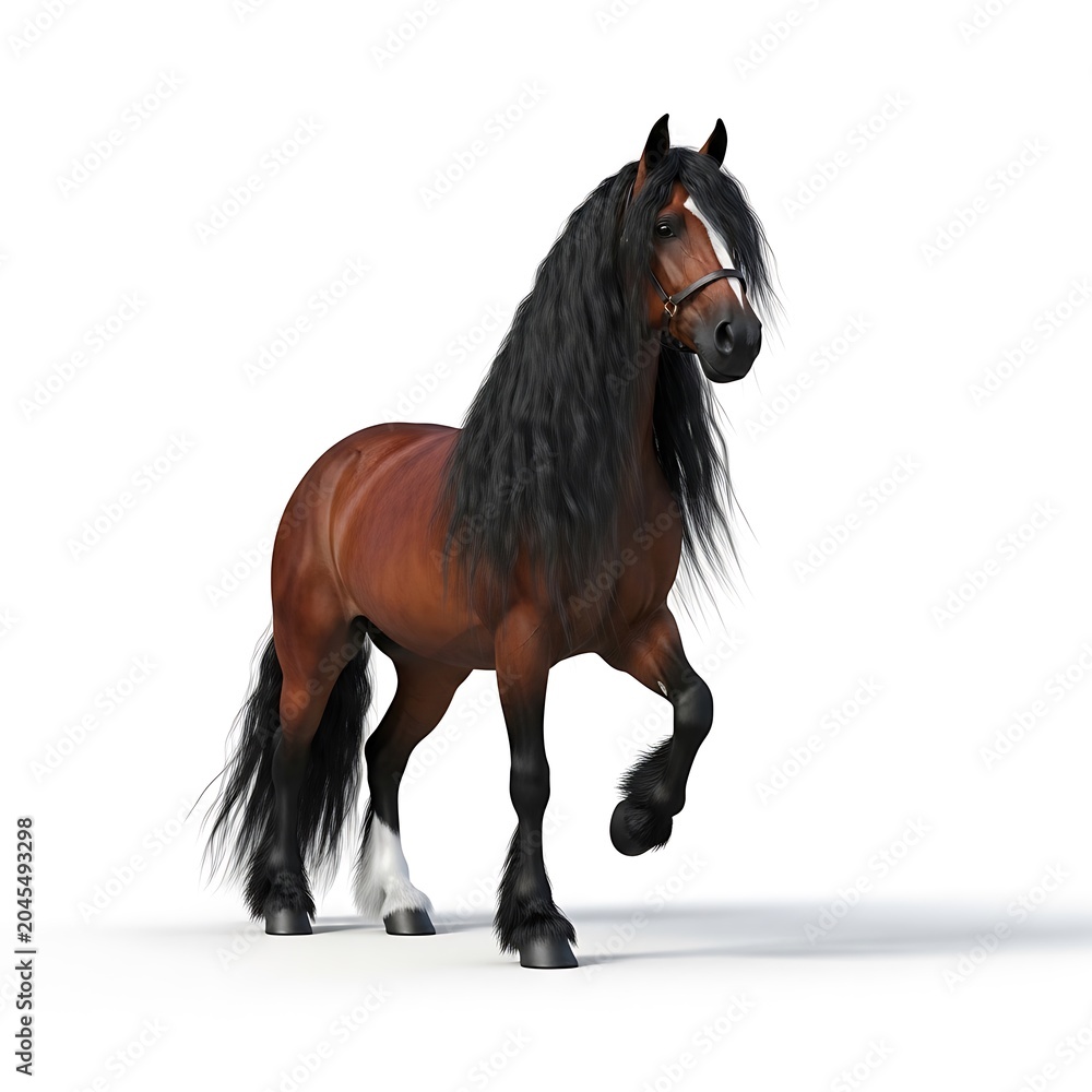 Obraz premium Brown majestic horse with a long black mane on white background