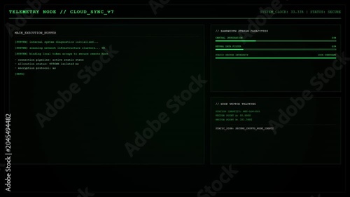 Sci fi telemetry node UI screen showing green cloud sync mainframe execution buffer and bandwidth stream capacity bars.