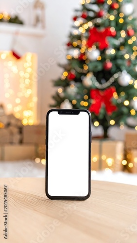 A smartphone rests on wood, blank screen facing viewer. Behind, a decorated tree with red bows and lights, wrapped gifts, cozy setting