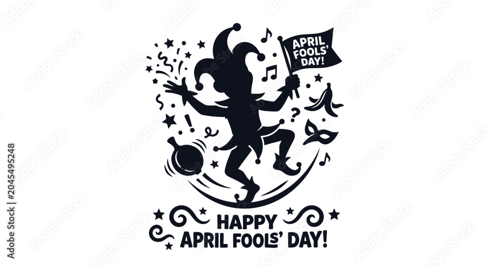 Fototapeta premium Jester Silhouette With April Fools Day Banner Black On White