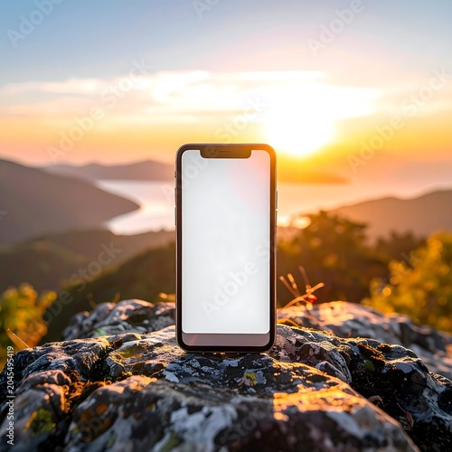 A smartphone with a blank screen sits atop a rugged rock, mountains and water are in the distant background with a bright sunset