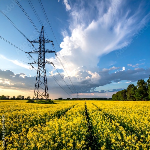 A tall metal electrical tower extends towards a vibrant sky with wispy clouds, overlooking a field of yellow flowers