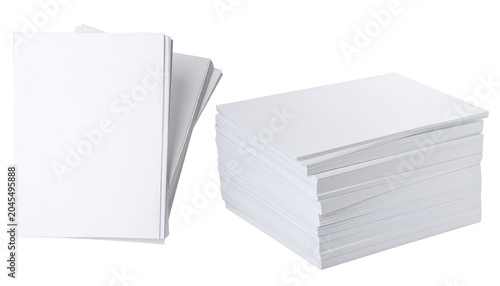 Two piles of blank white paper, one stacked high, one splayed out, on a white background