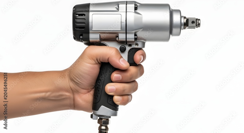 Naklejka premium Pneumatic impact wrench held by hand against a plain white background.