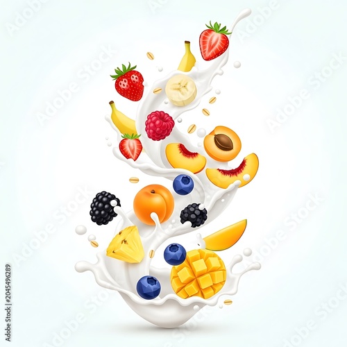 Mix of fresh fruits splashing in creamy milk with rolled oats