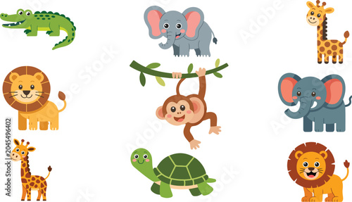 Photography Adorable safari animal character collection with smiling elephant calves spotted