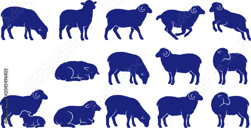 vector can editable Pastoral ovine silhouettes illustrating the life of sheep and rams