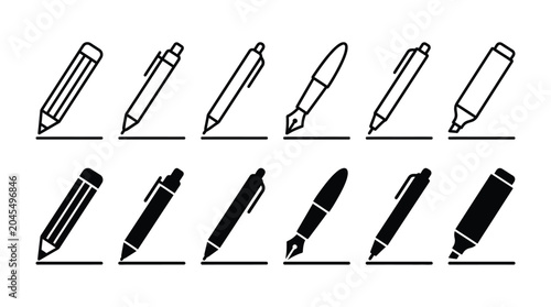Minimalist black and white vector icon set featuring various writing instruments and office stationery tools