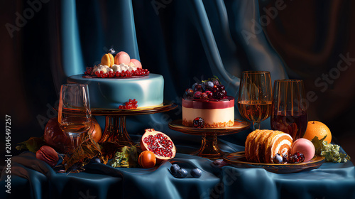 elegant desserts on colored background, moody still life