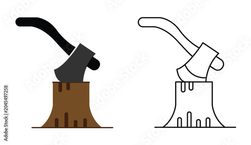 Foto Lumberjack axe in tree stump vector, wood cutting tool icon, forestry equipment