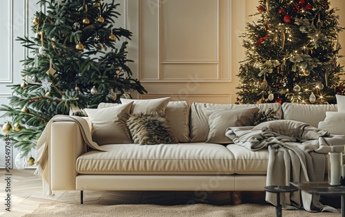 Beige leather sofa sits in a living room between two decorated Christmas trees, adding a festive and cozy atmosphere.