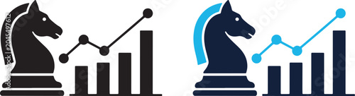Strategic planning and data analysis icon. Chess piece with rising graph symbol showing business intelligence, success metrics, and corporate performance design. 