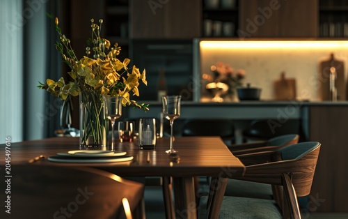 Modern dining table is set for a meal with yellow flowers as a centerpiece